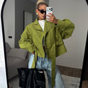 Harriet | Textured Belted Jacket – High Neck Snap Front Long Sleeve