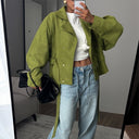 Harriet | Textured Belted Jacket – High Neck Snap Front Long Sleeve