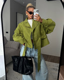 Harriet | Textured Belted Jacket – High Neck Snap Front Long Sleeve