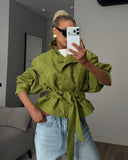 Harriet | Textured Belted Jacket – High Neck Snap Front Long Sleeve