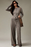 Hattie | Striped Two Piece Set – Button Front Long Sleeve Wide Leg Pants