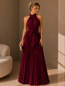 Hayes | Halter Pleated Maxi Dress – Tie Waist Sleeveless Wedding Guest Gown