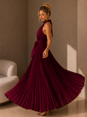 Hayes | Halter Pleated Maxi Dress – Tie Waist Sleeveless Wedding Guest Gown