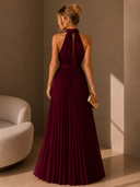 Hayes | Halter Pleated Maxi Dress – Tie Waist Sleeveless Wedding Guest Gown