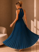 Hayes | Halter Pleated Maxi Dress – Tie Waist Sleeveless Wedding Guest Gown