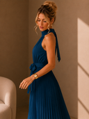 Hayes | Halter Pleated Maxi Dress – Tie Waist Sleeveless Wedding Guest Gown