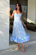 Heather | Midi – Scoop Neck Spaghetti Strap Ruffle Hem A-Line Wedding Guest Dress
