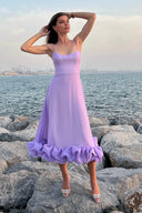 Heather | Midi – Scoop Neck Spaghetti Strap Ruffle Hem A-Line Wedding Guest Dress