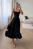Heather | Midi – Scoop Neck Spaghetti Strap Ruffle Hem A-Line Wedding Guest Dress