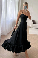 Heather | Midi – Scoop Neck Spaghetti Strap Ruffle Hem A-Line Wedding Guest Dress