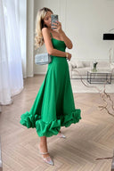 Heather | Midi – Scoop Neck Spaghetti Strap Ruffle Hem A-Line Wedding Guest Dress