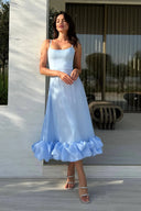 Heather | Midi – Scoop Neck Spaghetti Strap Ruffle Hem A-Line Wedding Guest Dress