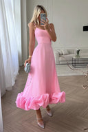 Heather | Midi – Scoop Neck Spaghetti Strap Ruffle Hem A-Line Wedding Guest Dress
