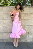 Heather | Midi – Scoop Neck Spaghetti Strap Ruffle Hem A-Line Wedding Guest Dress