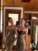 Helena | Leopard Print Sequin Set – Strapless Corset Top Midi Skirt Summer Party