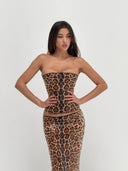 Helena | Leopard Print Sequin Set – Strapless Corset Top Midi Skirt Summer Party