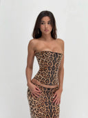 Helena | Leopard Print Sequin Set – Strapless Corset Top Midi Skirt Summer Party