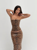 Helena | Leopard Print Sequin Set – Strapless Corset Top Midi Skirt Summer Party