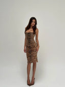 Helena | Leopard Print Sequin Set – Strapless Corset Top Midi Skirt Summer Party