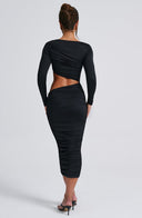 Henley | Ruched Cutout Midi Dress – Boat Neck Long Sleeve Evening Wear