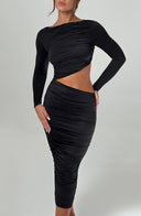 Henley | Ruched Cutout Midi Dress – Boat Neck Long Sleeve Evening Wear