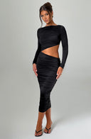 Henley | Ruched Cutout Midi Dress – Boat Neck Long Sleeve Evening Wear