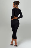 Henley | Ruched Cutout Midi Dress – Boat Neck Long Sleeve Evening Wear