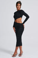 Henley | Ruched Cutout Midi Dress – Boat Neck Long Sleeve Evening Wear