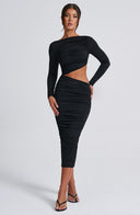Henley | Ruched Cutout Midi Dress – Boat Neck Long Sleeve Evening Wear