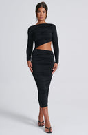 Henley | Ruched Cutout Midi Dress – Boat Neck Long Sleeve Evening Wear