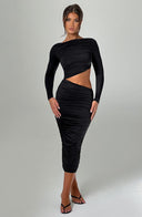 Henley | Ruched Cutout Midi Dress – Boat Neck Long Sleeve Evening Wear