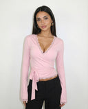 Lizzie | Lace Trim Wrap Top – Casual V Neck Long Sleeve Side Tie Flared Cuffs