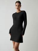 Iliana | Ribbed Knit Mini Dress – Casual Crew Neck Long Sleeve Flared Hem