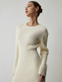 Iliana | Ribbed Knit Mini Dress – Casual Crew Neck Long Sleeve Flared Hem