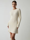 Iliana | Ribbed Knit Mini Dress – Casual Crew Neck Long Sleeve Flared Hem