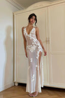 Ilyana | Sheer Mesh Maxi Dress – 3D Flower V Neck High Split Formal Evening Gown