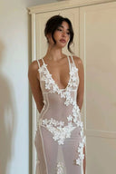 Ilyana | Sheer Mesh Maxi Dress – 3D Flower V Neck High Split Formal Evening Gown