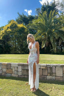 Ilyana | Sheer Mesh Maxi Dress – 3D Flower V Neck High Split Formal Evening Gown