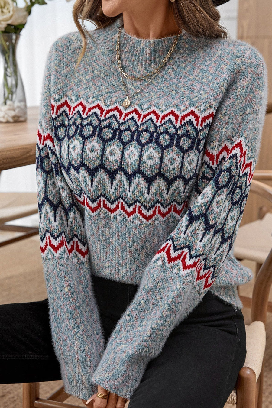 Indigo | Geometric Knit Sweater – Casual Crew Neck Long Sleeve Pattern