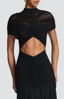 Inessa | Ruched Cutout Maxi Dress – Evening High Neck Short Sleeve Draped Front
