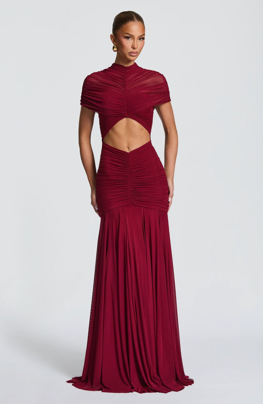 Inessa | Ruched Cutout Maxi Dress – Evening High Neck Short Sleeve Draped Front
