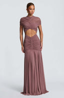 Inessa | Ruched Cutout Maxi Dress – Evening High Neck Short Sleeve Draped Front