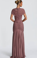 Inessa | Ruched Cutout Maxi Dress – Evening High Neck Short Sleeve Draped Front