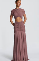 Inessa | Ruched Cutout Maxi Dress – Evening High Neck Short Sleeve Draped Front