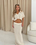 Isolde | Crochet Two Piece Set – Button Crop Top Maxi Skirt Beach Co-ord