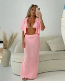 Isolde | Crochet Two Piece Set – Button Crop Top Maxi Skirt Beach Co-ord