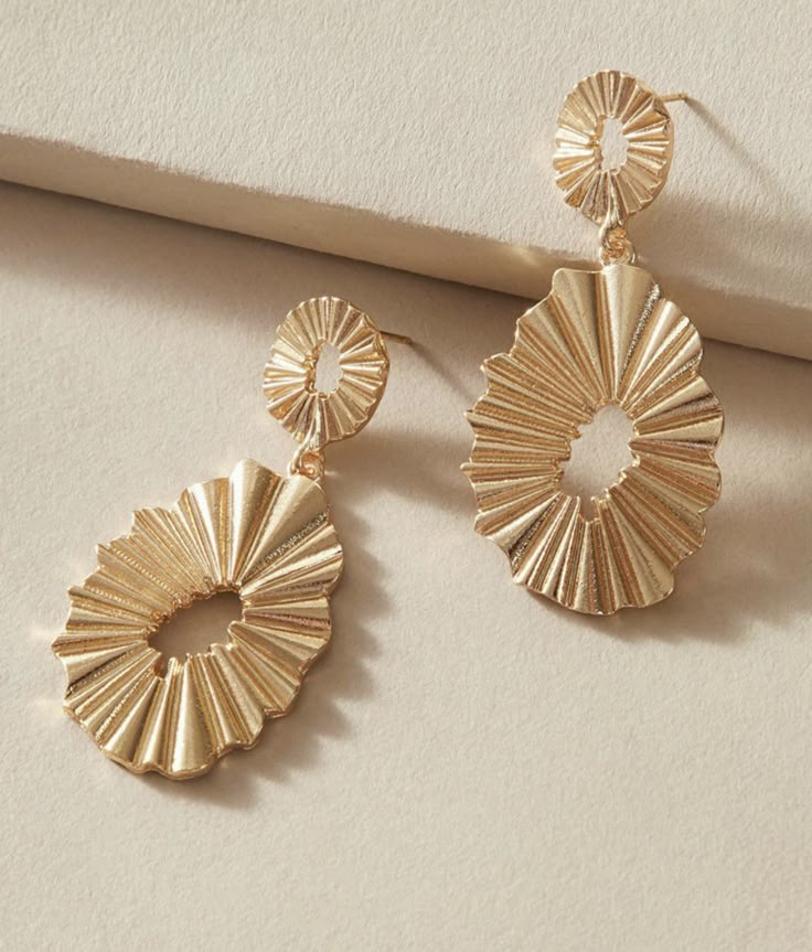 Jade | Gold Pleated Sunburst Drop Earrings – Double Tier Open Cut Statement
