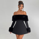 Jaliyah | Plush Trim Mini Dress – Evening Off Shoulder Long Sleeve Flared Skirt