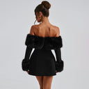 Jaliyah | Plush Trim Mini Dress – Evening Off Shoulder Long Sleeve Flared Skirt