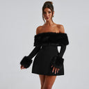 Jaliyah | Plush Trim Mini Dress – Evening Off Shoulder Long Sleeve Flared Skirt